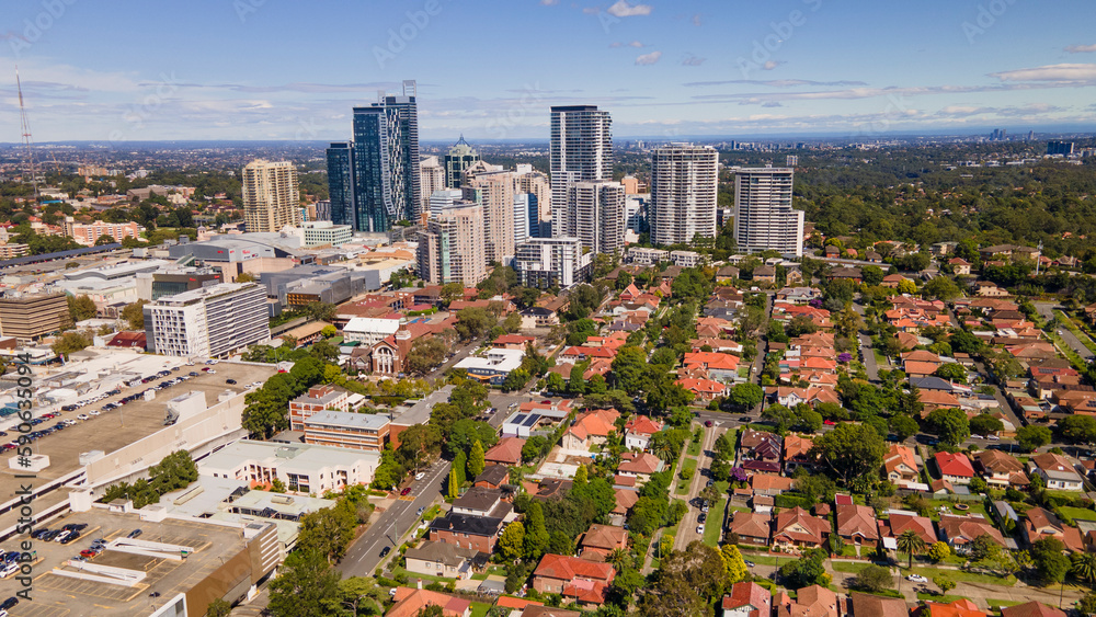 Obraz premium Aerial drone view of Chatswood CBD in the Lower North Shore of Sydney, NSW Australia on a sunny morning in April 2023 