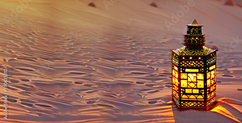 Radiant Arabic Lantern Lamp on Ramadan Desert Background. AI Generated