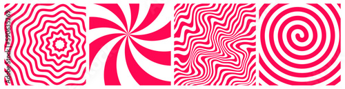 Swirl Lollipop Candy Pattern. Sweet Vector Cartoon Backgrounds Set. Spiral, Sunburst and Wavy Textures