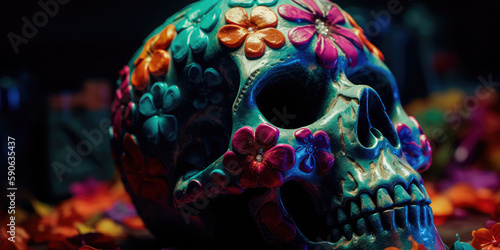 Day Of the dead, Colorful Skull, Vivid solid color background. Generative AI