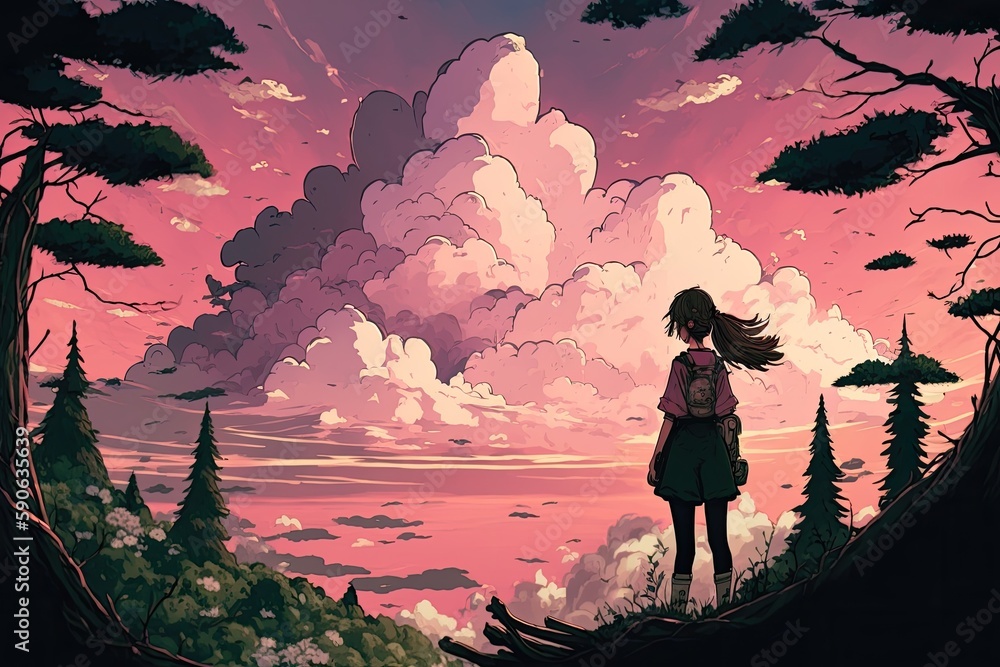 Fototapeta premium A pink sky and gorgeous clouds in an anime-style woodland. Generative AI