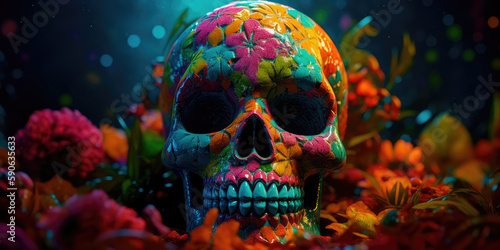 Day Of the dead  Colorful Skull  Vivid solid color background. Generative AI