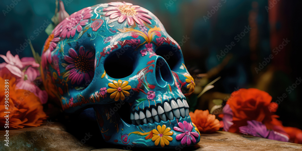 Day Of the dead, Colorful Skull, Vivid solid color background. Generative AI