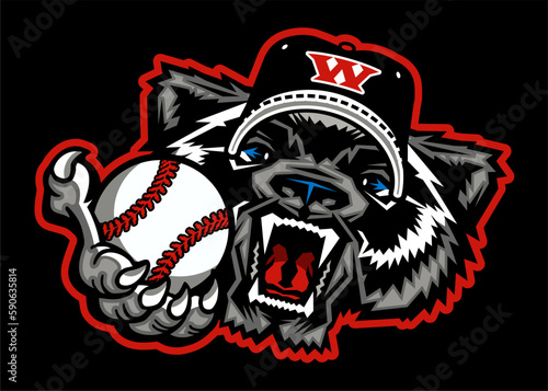 angry wolverine mascot holding baseball for school, college or league sports