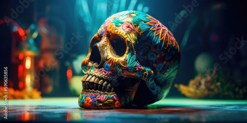 Day Of the dead  Colorful Skull  Vivid solid color background. Generative AI