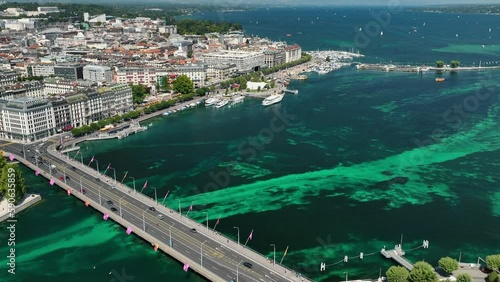 Cloudy day geneva city famous central riverside lake traffic bridge aerial panorama