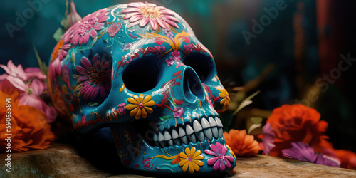Day Of the dead, Colorful Skull, Vivid solid color background. Generative AI