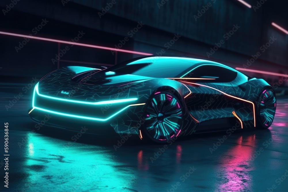 futuristic neon electric car, neon lights night view. Generative AI