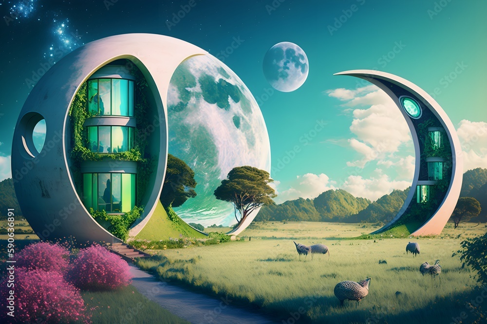green fields blue trees a beautiful colorful moon in the sky futuristic dwellings with architecture and windows romanticist high detail 4k  - obrazy, fototapety, plakaty 