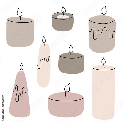 Burning wax or paraffin scented candles for aromatherapy isolated on white background. Cute home decoration, festive decorative design element. A set of candles of different sizes and colors.