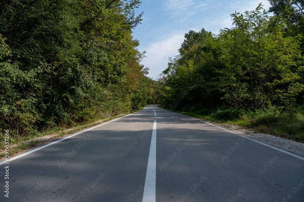 Fototapeta premium Empty asphalt road in rural landscape with dramatic clouds. Open Road. Summer country road.