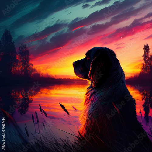 The dog sits on the background of a romantic neon landscapeby Generative AI photo