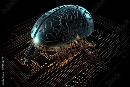 Human brain on a printed circuit board - AI Generated