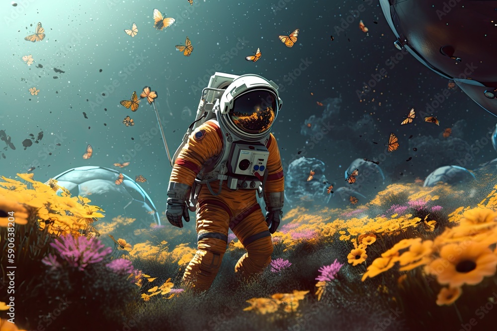 An astronaut strolls through a field full of colorful flowers - AI Generated An astronaut strolls through a field full of colorful flowers - AI Generated