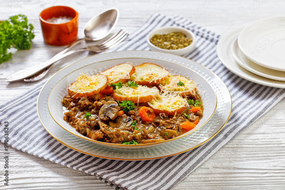 Ground Beef stew with mushrooms, carrots potatoes Ground Beef stew with mushrooms, carrots potatoes