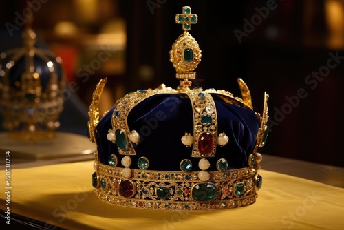 Royal golden crown with jewels on dark background. Symbols of UK United Kingdom monarchy. Ceremony of crowning coronation of king Charles III.Generative AI.