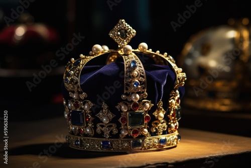 Royal golden crown with jewels on dark background. Symbols of UK United Kingdom monarchy. Ceremony of crowning coronation of king Charles III.Generative AI.