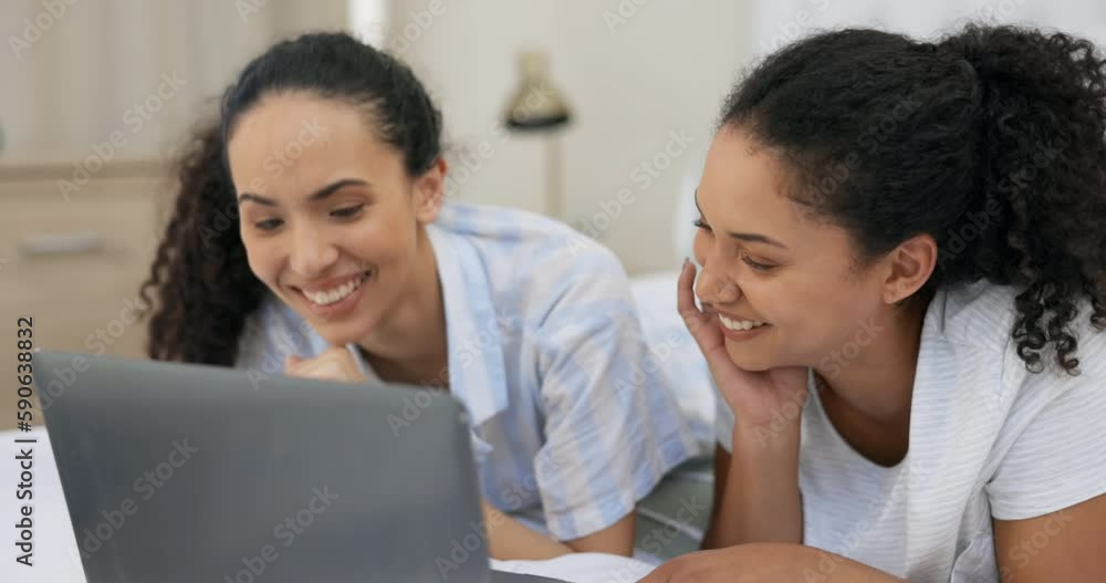 Happy couple of friends, laptop and bedroom for movies streaming service, website or funny film with lgbtq love. Relax lesbian women or people with computer, talking and watch comedy show at home