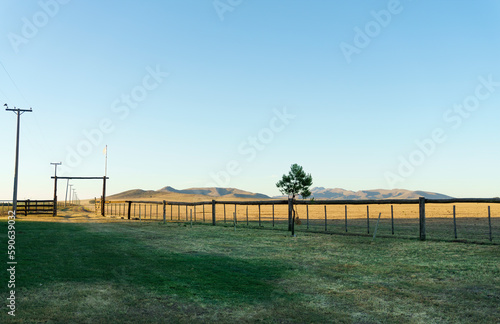 Argentine countryside at sunset with rolling hills, green pastures, rustic gate, flag and power transmission poles