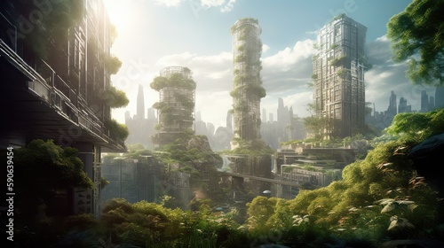 Solarpunk futuristic glass city and nature. Generative AI © keks20034