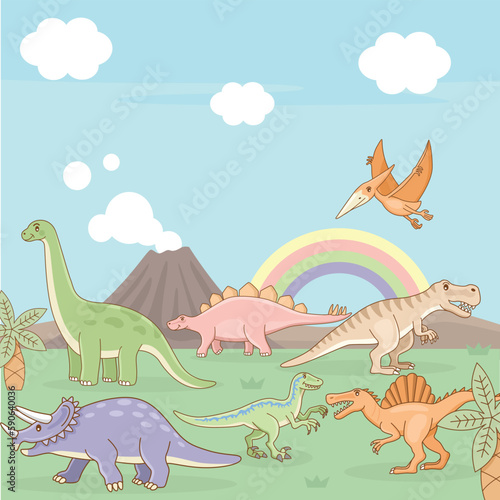 Set of hand drawn cute dinosaurs in pastel colour.