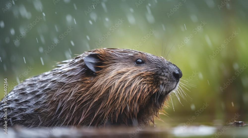 A young beaver in its natural habitat. Rainy day. A young beaver in its natural habitat. Rainy day.
