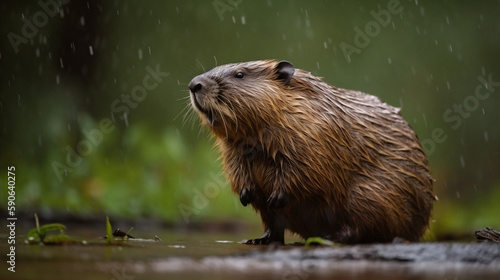 A young beaver in its natural habitat. Rainy day. © The animal shed 274