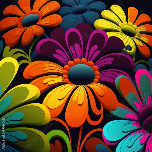  background with 1970s style grooves with colorful bright flowers. generative ai 