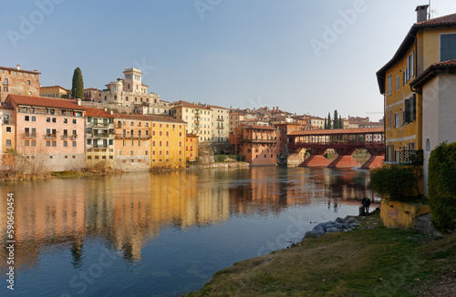 View of Bassano del Grappa  Italy  its historic buildings and its famous bridge over river Brenta