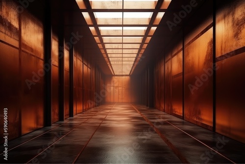 vibrant hallway with orange walls and tiled floors. Generative AI