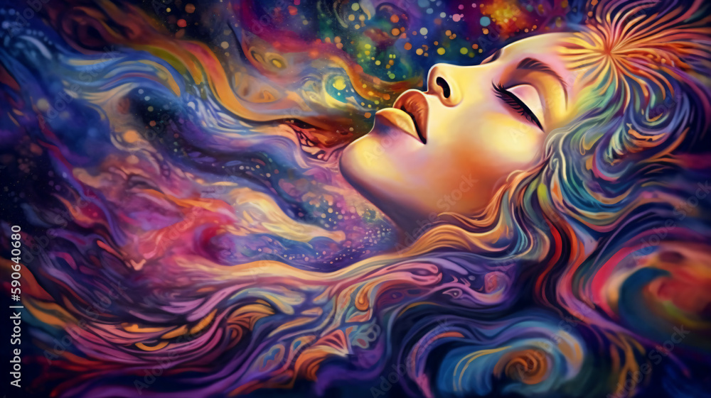 Close up of a beautiful woman's face with closed eyes. Her hair is psychedelic waves of color, creating a calming, spiritual, and dreamy vibe. Generative AI.