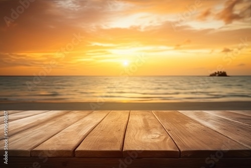 Empty Display Table with Topical Beach Sunrise/Sunset in the Background (Generative AI) © JJAVA