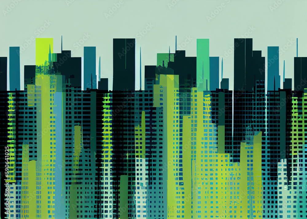 Abstract city silhouette background pattern in blue green yellow colors. Generative AI