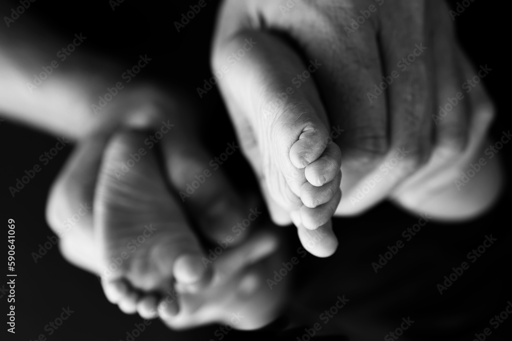 Black and white shade beautiful shape hands of mother, hold tiny newborn baby feet on black background with love, care, family safety and protection, child with premature birth concept or NICU care