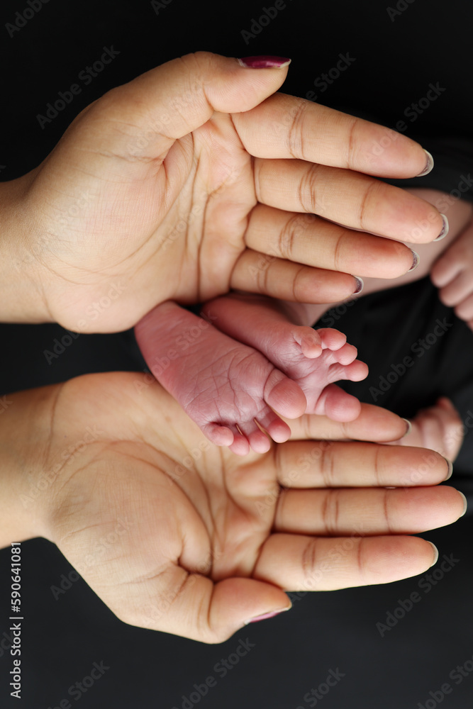 The palms of the parents. A mother hold the feet of a newborn child in a black blanket on a Black background. The feet of a newborn in the hands of parents. Macro Photo of foot, heels and toes The palms of the parents. A mother hold the feet of a newborn child in a black blanket on a Black background. The feet of a newborn in the hands of parents. Macro Photo of foot, heels and toes