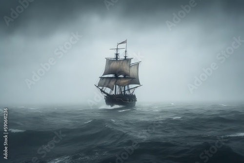 Pirate ship in a foggy sea. Generative AI.