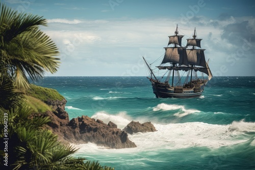 Pirate ship in the sea. Generative AI.