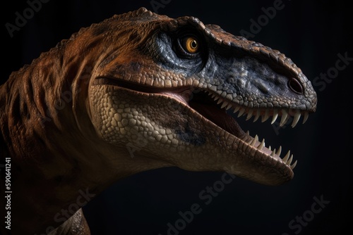 Close up of a raptor dinosaur. Generative AI.