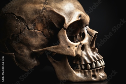 Human skull on a black background. Generative AI.