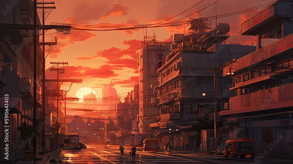 sunset in the city in anime style created with Generative AI technology