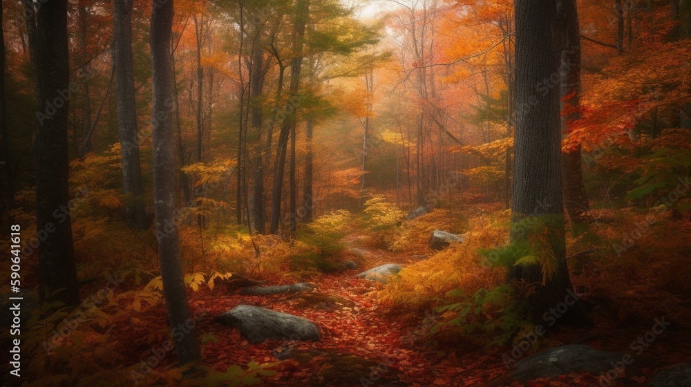 A lush forest with vibrant fall foliage Generative AI