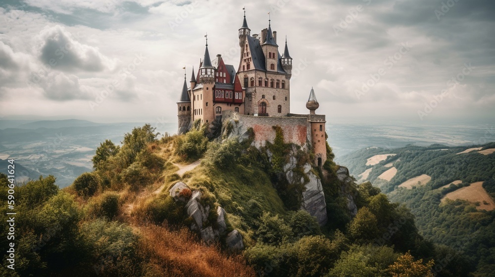 A whimsical fairytale castle on a hilltop Generative AI