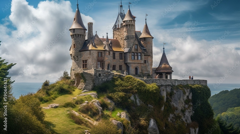 A whimsical fairytale castle on a hilltop Generative AI