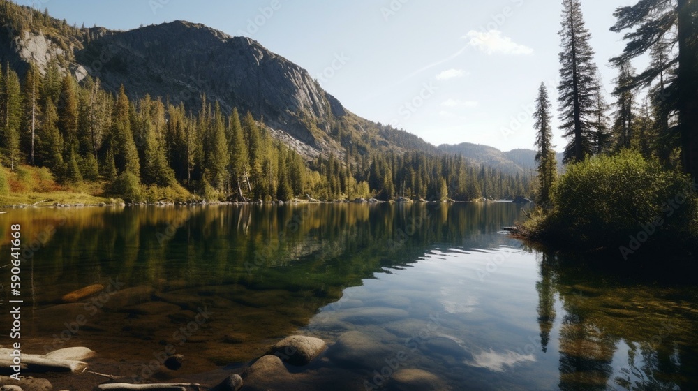 A tranquil lake surrounded by tall trees and mountains Generative AI