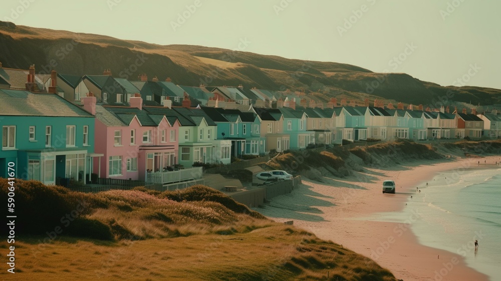 A vintage seaside town with pastel-colored houses Generative AI