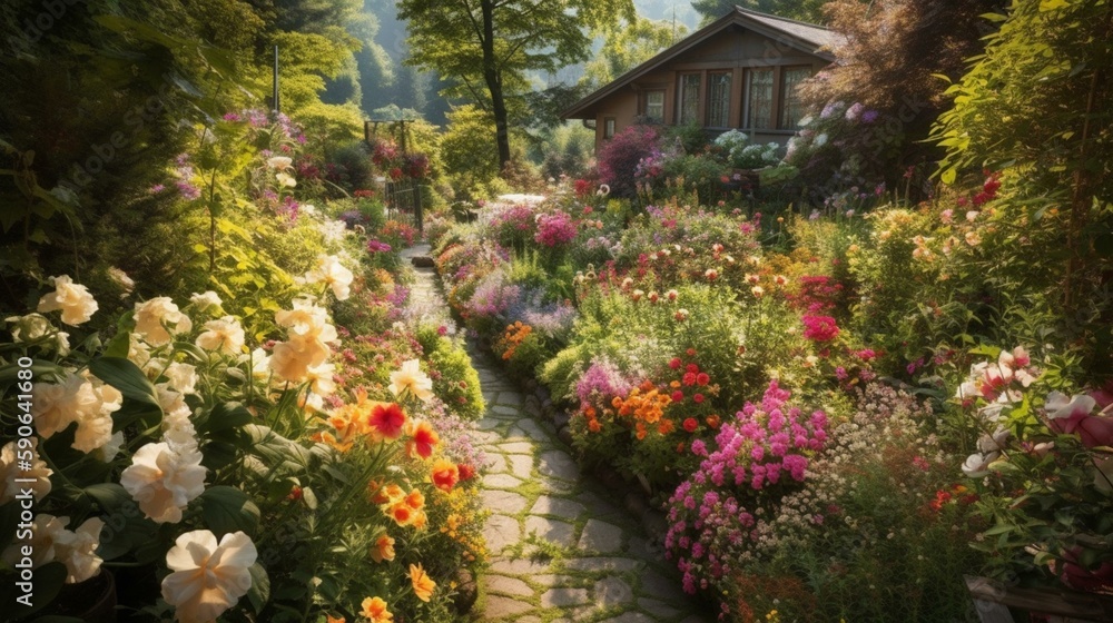 A beautiful garden filled with blooming flowers Generative AI