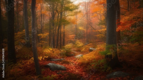 A lush forest with vibrant fall foliage Generative AI