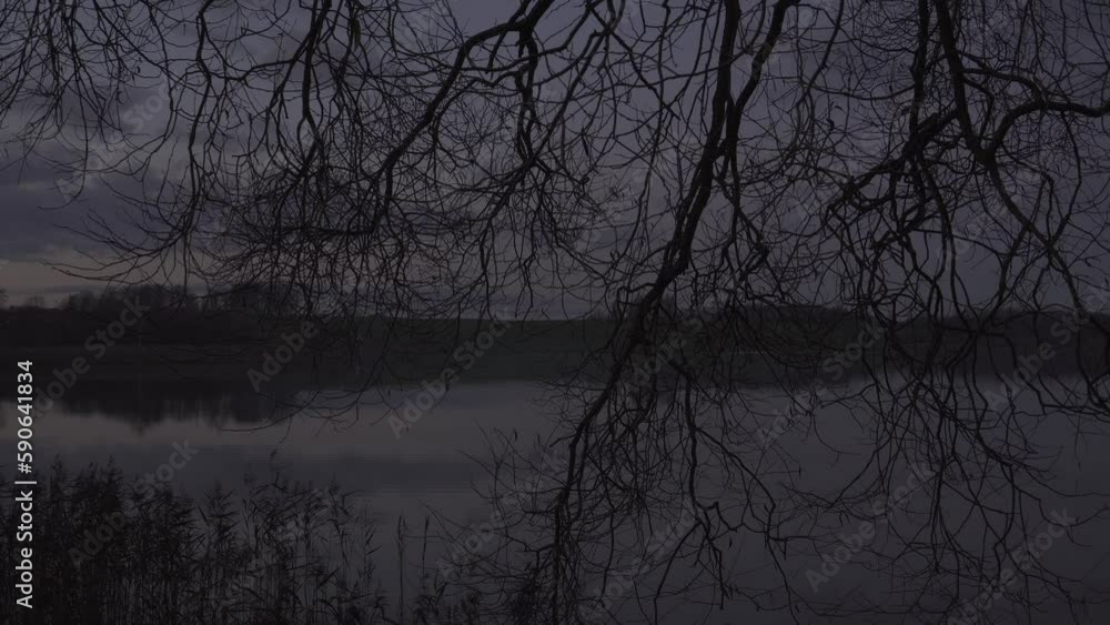 Calm and blurry nature at the water in the dusk hour in the late autumn season before the night has come. Bare tree branches are hanging in the front. A scene with shallow depth of field. Calm and blurry nature at the water in the dusk hour in the late autumn season before the night has come. Bare tree branches are hanging in the front. A scene with shallow depth of field.