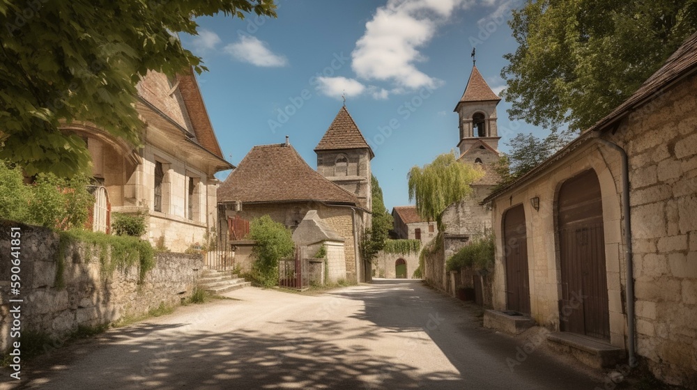 A charming village with a historic church and clock tower Generative AI