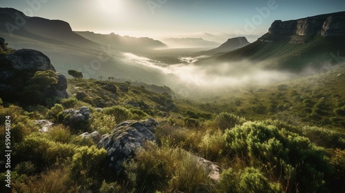 A stunning view of a valley with mist rising from the ground Generative AI